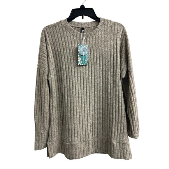 CiCi Bird Tan Brown Neutral Crew Neck Ribbed Sweater Top Women's Size Large NWT - Picture 1 of 8